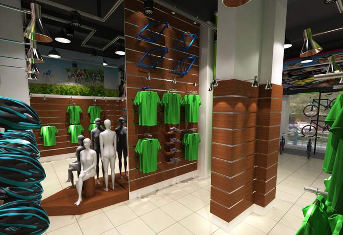 潮流、時尚自行車店自行車衣物區域裝修設計案例效果圖