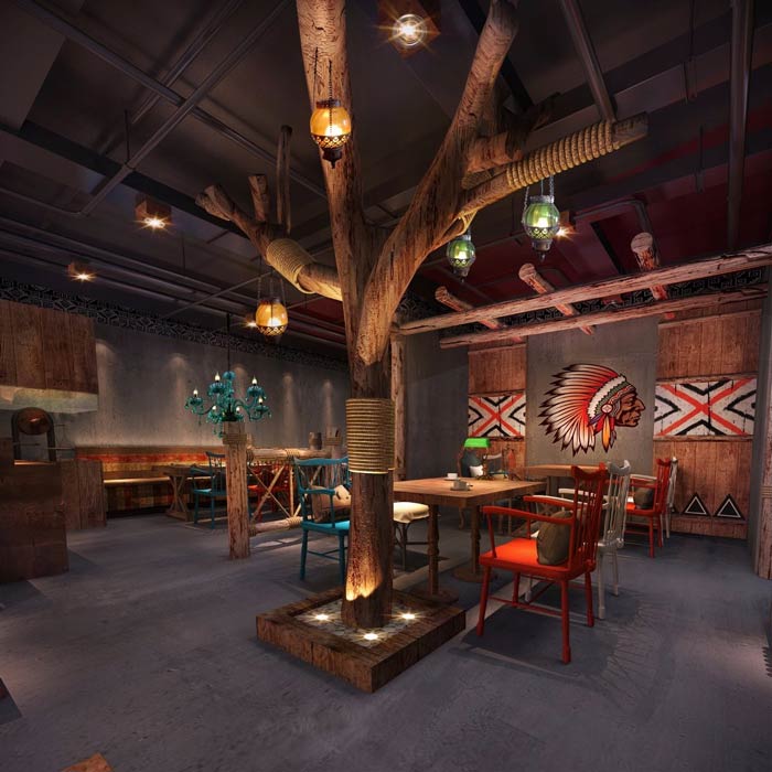 原始燒烤店一樓餐區裝修設計效果圖