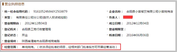 小苗燒烤店經營范圍截圖