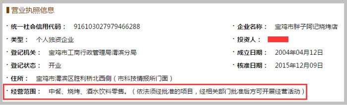 胖子阿記燒烤店經營范圍截圖